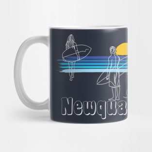 Newquay Cornwall Surf Girl and Guy with a Dog, line art Surfers Mug